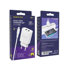   Hálózati töltőfej Borofone BN2 2db Usb kimenet 2.1A + Lightning adatkábel bliszteres fehér