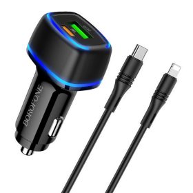   Autós töltő Borofone BZ14A Usb A Type-c kimenettel PD 40W 3A Lightning töltőkábellel fekete