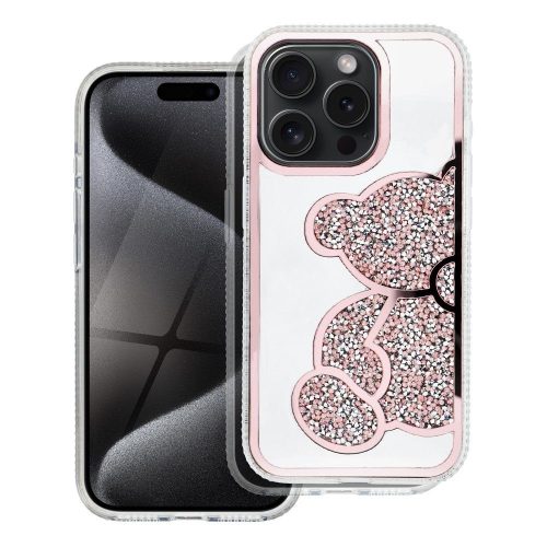 Apple Iphone 16 tok csillogó maci mintával rózsaszín