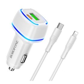   Autós töltő Borofone BZ14A Usb A Type-c kimenettel PD 40W 3A Lightning töltőkábellel fehér