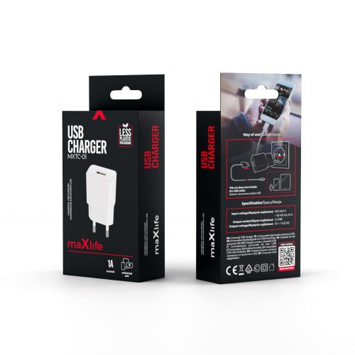 Hálózati töltőfej Maxlife USB-A 5W 1A adapter fehér
