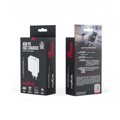 Hálózati töltőfej Maxlife PD 45W gyors töltő adapter USB-A Type-c aljzattal fehér