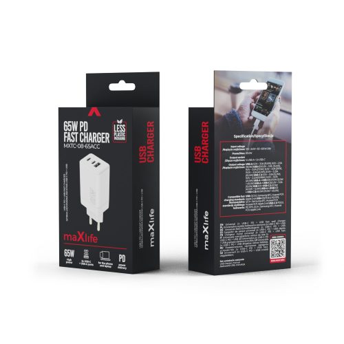 Hálózati töltőfej Maxlife PD 65W gyors töltő adapter USB-A Type-c aljzattal fehér