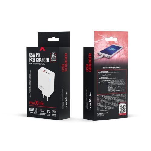 Hálózati töltőfej Maxlife PD 65W gyors töltő adapter USB-A Type-c aljzattal fehér