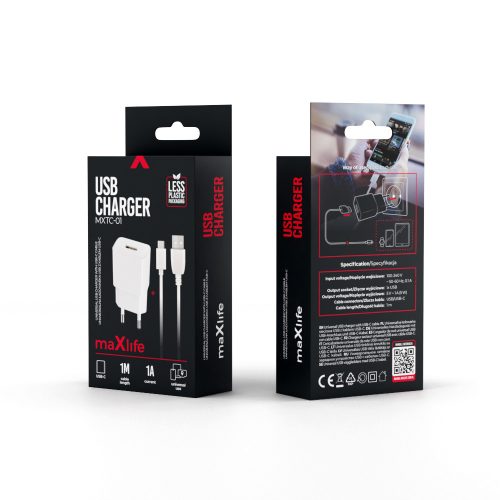 Hálózati töltőfej Maxlife Type-c kábellel 1A Fehér
