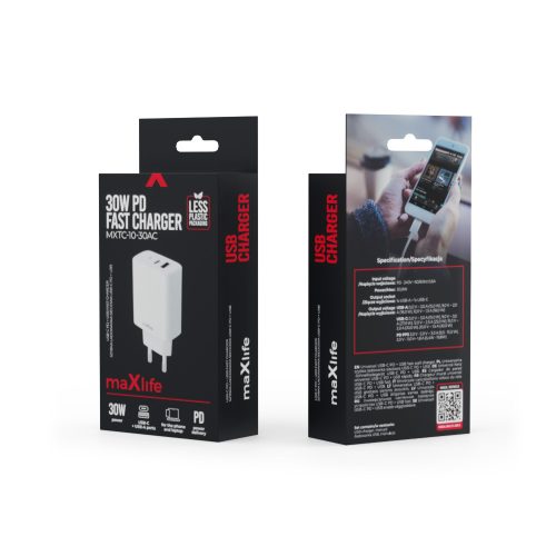 Hálózati töltőfej Maxlife PD QC 30W gyors töltő adapter USB-A Type-c aljzattal fehér