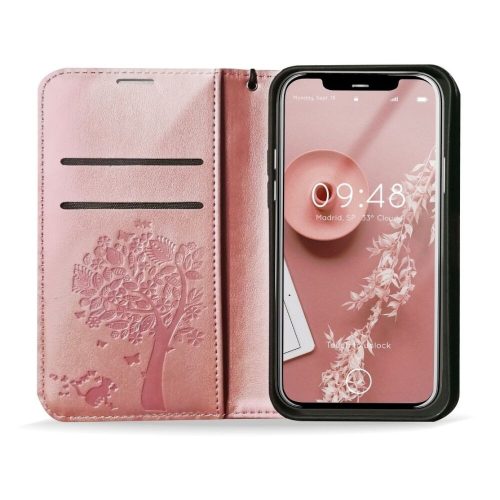 Samsung Galaxy A13 4G oldalra nyíló könyv tok Ág minta rose gold