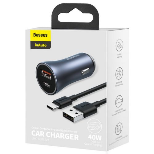 Autós töltő Baseus TZCCJD-0G Usb A Type-c kimenettel PD 40W 3A Type-c töltőkábellel