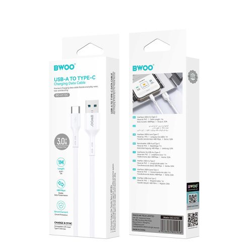 Töltő és adatkábel BWOO BO-X172C USB-A Type-c 100cm 3A fehér