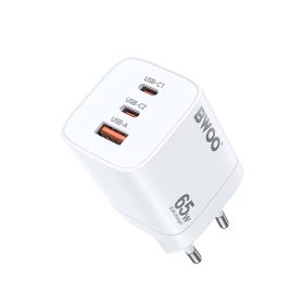   Hálózati töltőfej BWOO PD 65W PD gyors töltő adapter 2xUSB-A Type-c aljzattal fehér