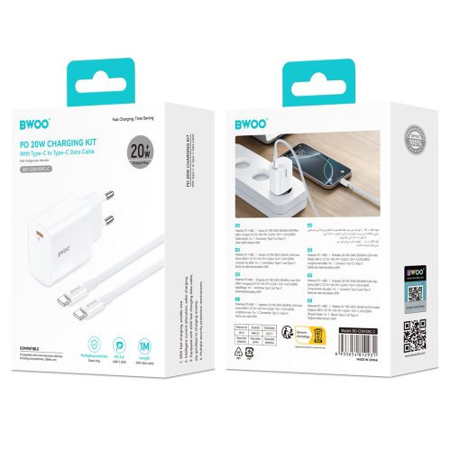 Hálózati töltőfej BWOO CDA159 PD 20W gyors töltő adapter Type-c kábellel fehér