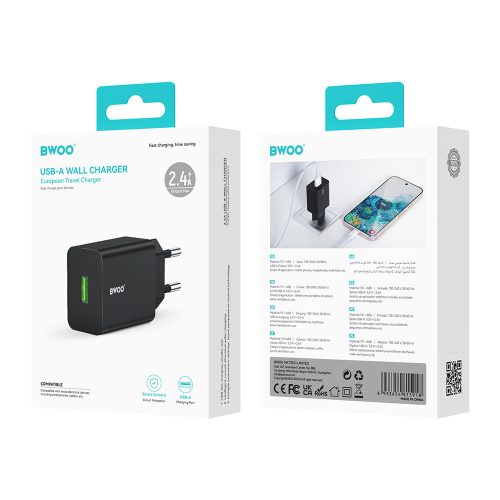 Hálózati töltőfej BWOO CDA249 USB-A 12W 2,4A adapter fekete