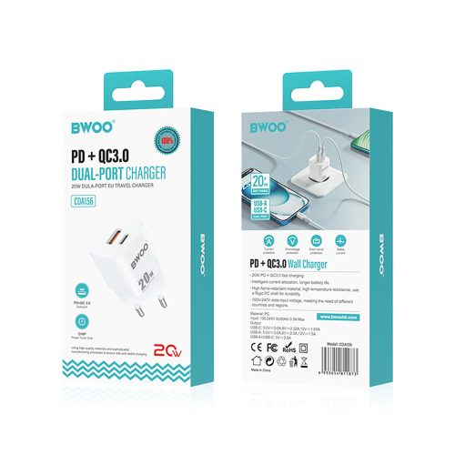 Hálózati töltőfej BWOO PD 20W gyors töltő adapter Type-c aljzattal fehér