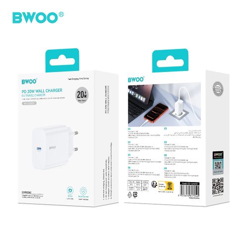 Hálózati töltőfej BWOO CDA233 PD 20W gyors töltő adapter Type-c aljzattal fehér
