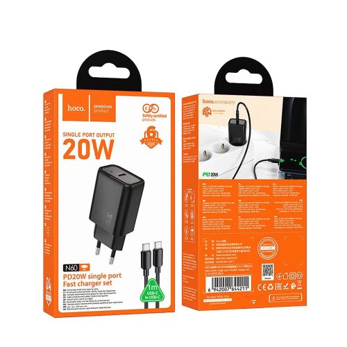 Hálózati töltőfej Hoco N60 PD 20W gyors töltő adapter Type-c kábellel fehér