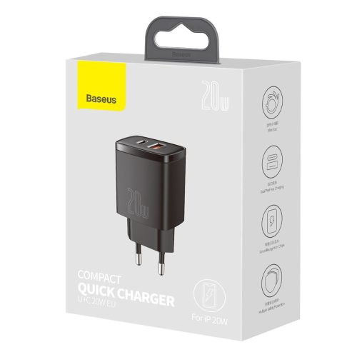 Hálózati töltőfej Baseus PD 20W gyors töltő adapter USB-A Type-c aljzattal fekete