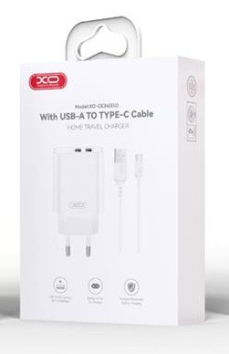 Hálózati töltőfej XO CE34 2x USB-A 12W 2,4A adapter Type-C kábellel fehér