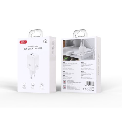 Hálózati töltőfej XO CE36 Type-c USB-A PD 45W gyors töltő adapter fehér