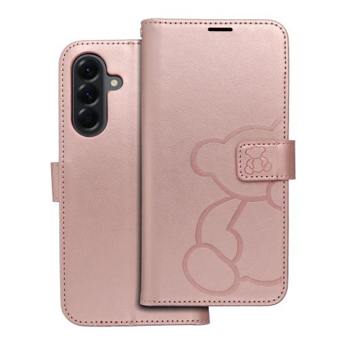 Samsung Galaxy A56 5G oldalra nyíló könyv tok Teddy Bear rozé arany
