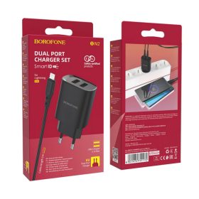   Hálózati töltőfej Borofone BN2 2db Usb kimenet 2.1A + Lightning adatkábel bliszteres fekete